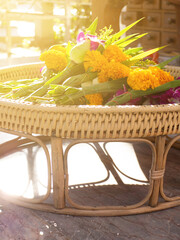 Flowers that people prepare to pay homage to monks