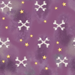Watercolor seamless pattern with bones and stars.