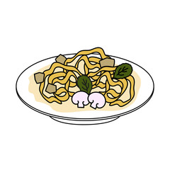 Fettuccine pasta with chicken and mushrooms. Doodle style. Vector graphics.