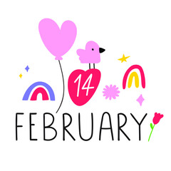 Banner. 14 February.  Hand drawn vector illustration for postcard, social media, t shirt, print, stickers.