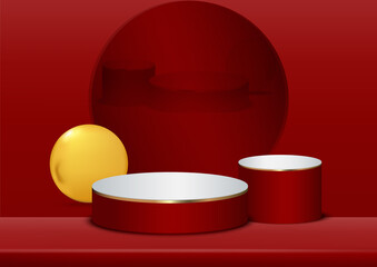 Display product podium scene. Abstact 3D product background red rendering with circle wall scene. Stage for product.