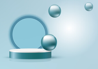 Display product podium scene. Abstract 3D product background soft blue rendering with circle wall scene. Stage for product, showcase.
