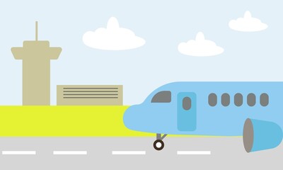 airport illustration with airplane and air traffic control tower
