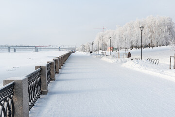 Embankment of the Ob river in winter in Novosibirsk
