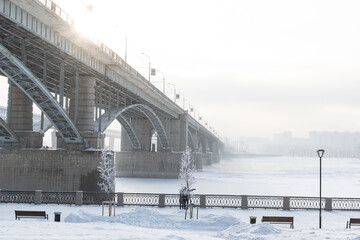 Embankment of the Ob river in winter in Novosibirsk