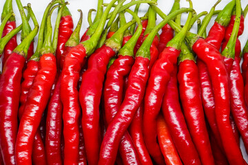 Red hot chili pepper isolated on a white background.
This pile of red chilies is commonly used as a raw material for spicy chili sauce.