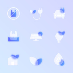 ecology glass morphism trendy style icon set. eco transparent glass color vector icons with blur and purple gradient. for web and ui design, mobile apps and promo business polygraphy