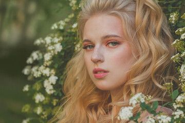 Naklejka premium Close up portrait of beauty young woman with blonde hair enjoying nature outdoors