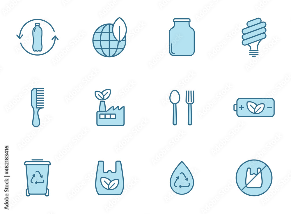 Poster zero waste outline vector icons in two colors isolated on white background. zero waste blue icon set
