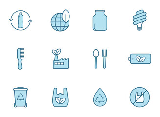 zero waste outline vector icons in two colors isolated on white background. zero waste blue icon set for web design, ui, mobile apps and print polygraphy