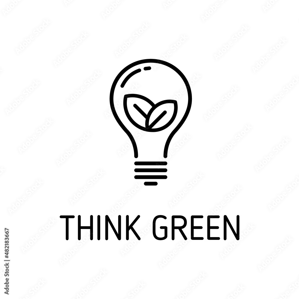 Poster think green outline vector icon isolated on white. light bulb with leaves flat icon for web, mobile 