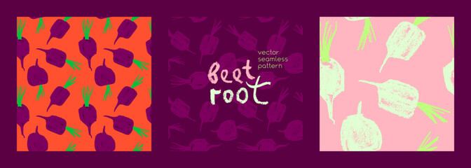 Vector beetroot pattern seamless. Sugar beet background for label, banner, packaging design. Fabric vegan ornament. Vegetarian background. Pencil Illustration. Vegan wallpaper. Purple root vegetable.