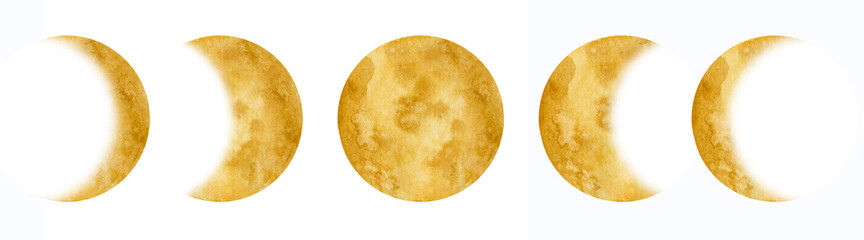 Watercolor illustration of Moon Phases. Hand drawn sketch of Planet. Yellow Crescent on white background. Drawing of meteor. Half of the luna