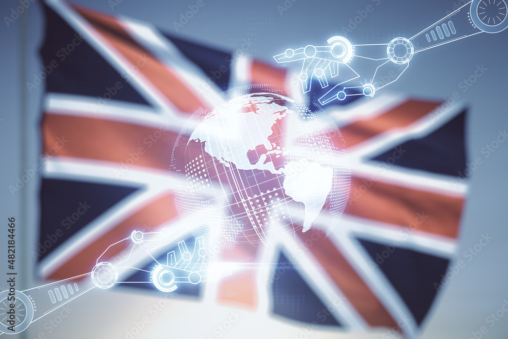 Poster abstract virtual robotics technology hologram with globe sketch on flag of great britain and sunset 