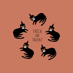 Black cats with magic hat and yellow eyes hand drawn vector illustration. Spooky feline character. 