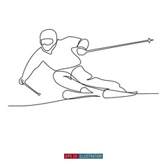 Continuous line drawing of Skier coming down from the mountain. Sports and recreation in the mountains. Template for your design works. Vector illustration.