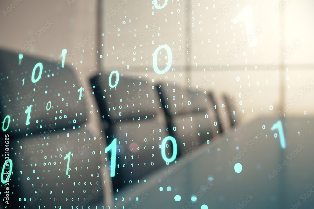 Poster abstract virtual binary code sketch on a modern boardroom background, hacking and matrix concept. mu