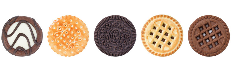Different types of cookies on an isolated white background. Set of cookies, chocolate, stuffed, cream and others