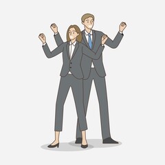 Business happy people showing positive emotions with gestures clenched fist. Hand draw style. Vector illustration.