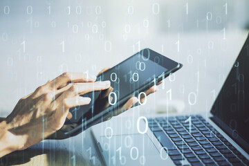 Creative abstract binary code hologram and finger presses on a digital tablet on background, AI and...