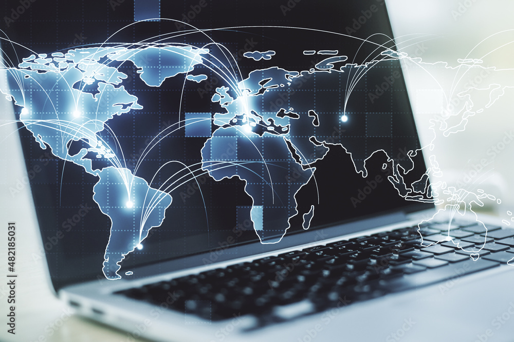 Poster abstract graphic digital world map with connections on modern computer background, globalization con