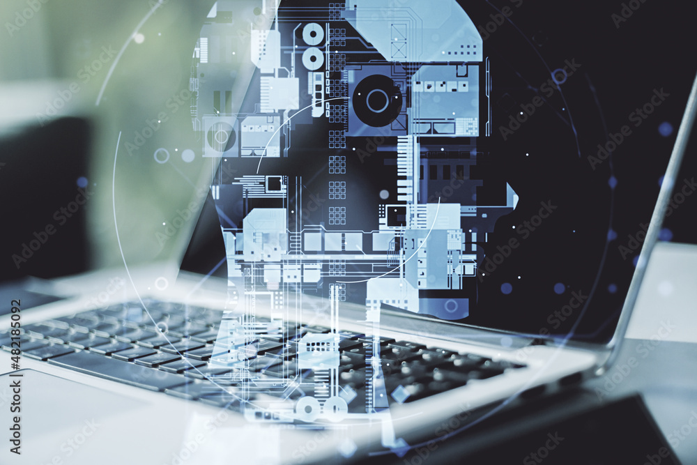 Poster double exposure of creative artificial intelligence symbol with modern laptop on background. neural 