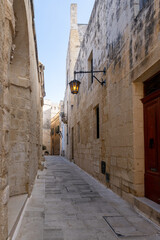 Mdina cobblestone medieval streets in Malta. Mediterranean Historic and touristic city