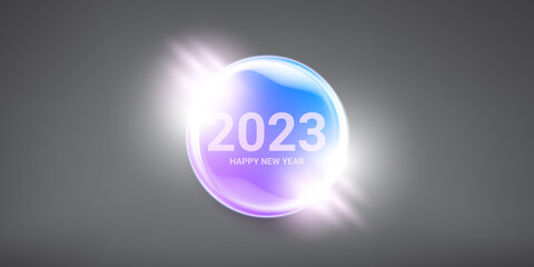 2023 Happy new year horizontal banner background and 2023 greeting card with text. vector 2023 new year sticker, label, icon, logo and badge isolated on stylish grey background