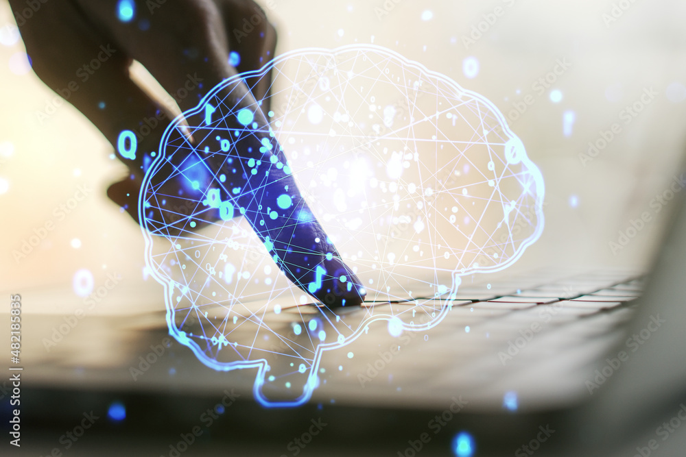 Poster double exposure of creative human brain microcircuit with hand typing on computer keyboard on backgr