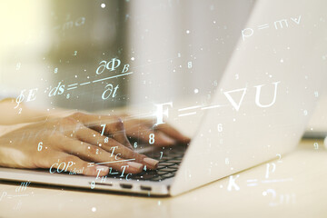 Creative scientific formula illustration with hands typing on computer keyboard on background,...