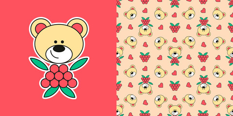 Set with Cute berry Teddy bear Sticker and simless pattern