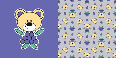 Set with Cute berry Teddy bear Sticker and simless pattern
