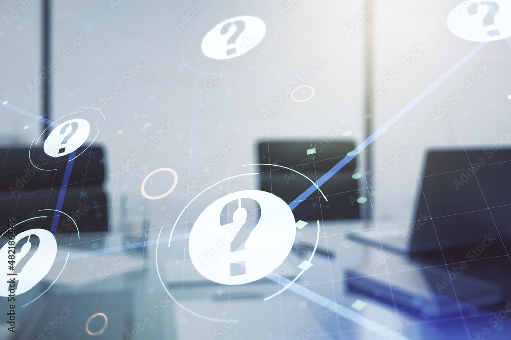 Aufkleber Creative concept of question mark illustration and modern desktop with computer on background. FAQ and search concept. Multiexposure