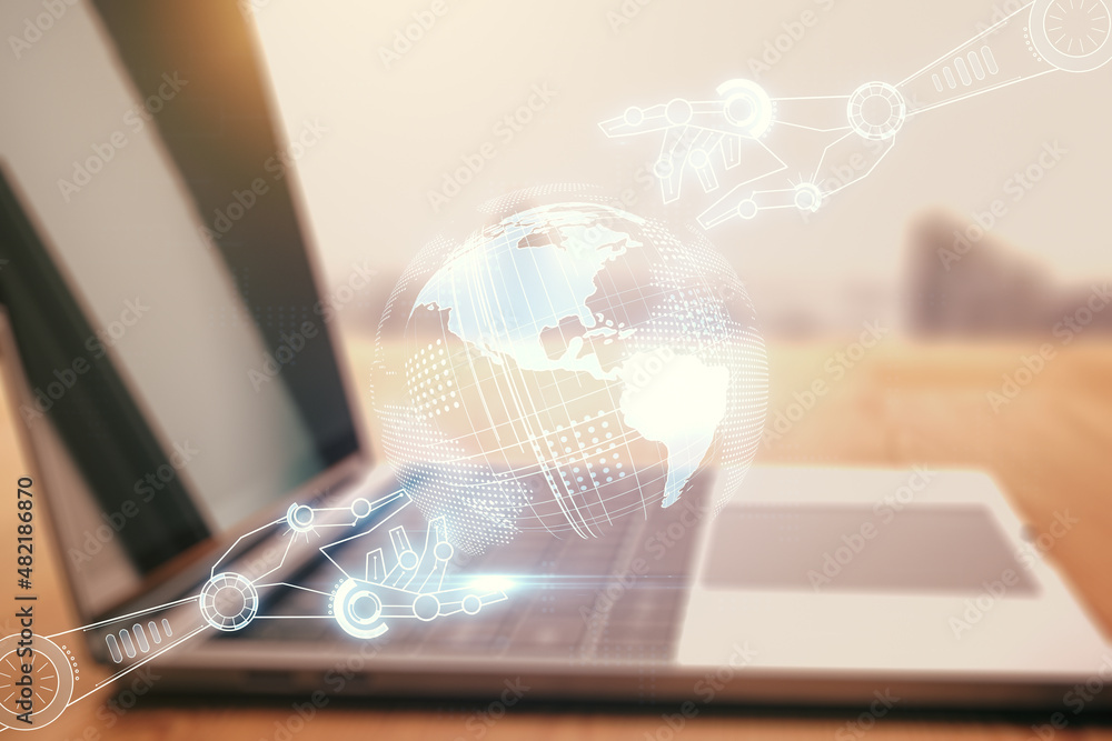 Aufkleber double exposure of robotics technology with world map hologram on laptop background. research and de