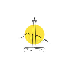 Monas, Monumen nasional Indonesian monument landmark in Jakarta outline minimalist line art icon logo template vector illustration design. simple modern landmark, monument icon logo concept
