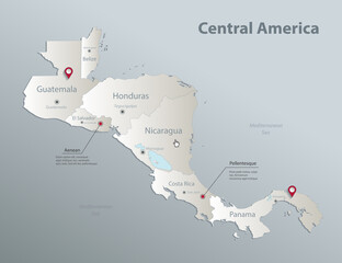Central America map, separates states with names, blue white card paper 3D vector