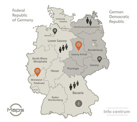 Fototapeta na wymiar Germany map divided on West and East Germany with regions and names map, Infographics and icons vector