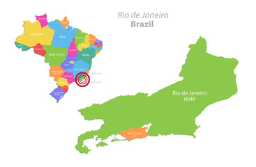 Rio de Janeiro map state and city with Brazil administrative division, separate individual regions with names, color map isolated on white background vector