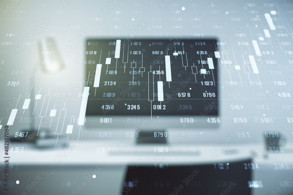 Poster multi exposure of creative statistics data hologram on laptop background, stats and analytics concep