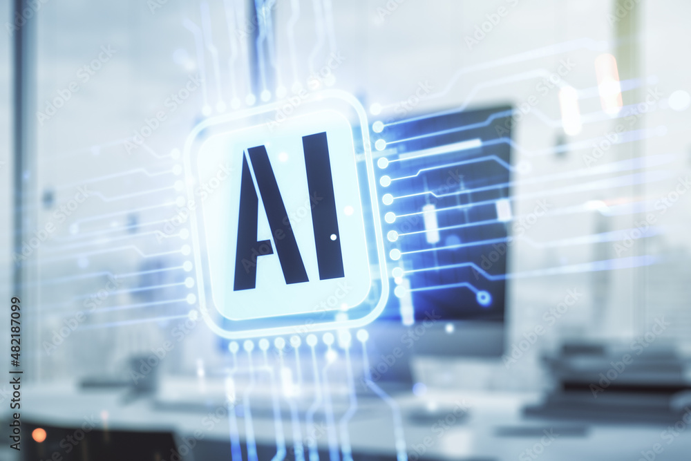 Poster double exposure of creative artificial intelligence icon with modern laptop on background. neural ne