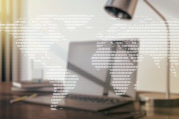 Double exposure of abstract digital world map on laptop background, research and strategy concept