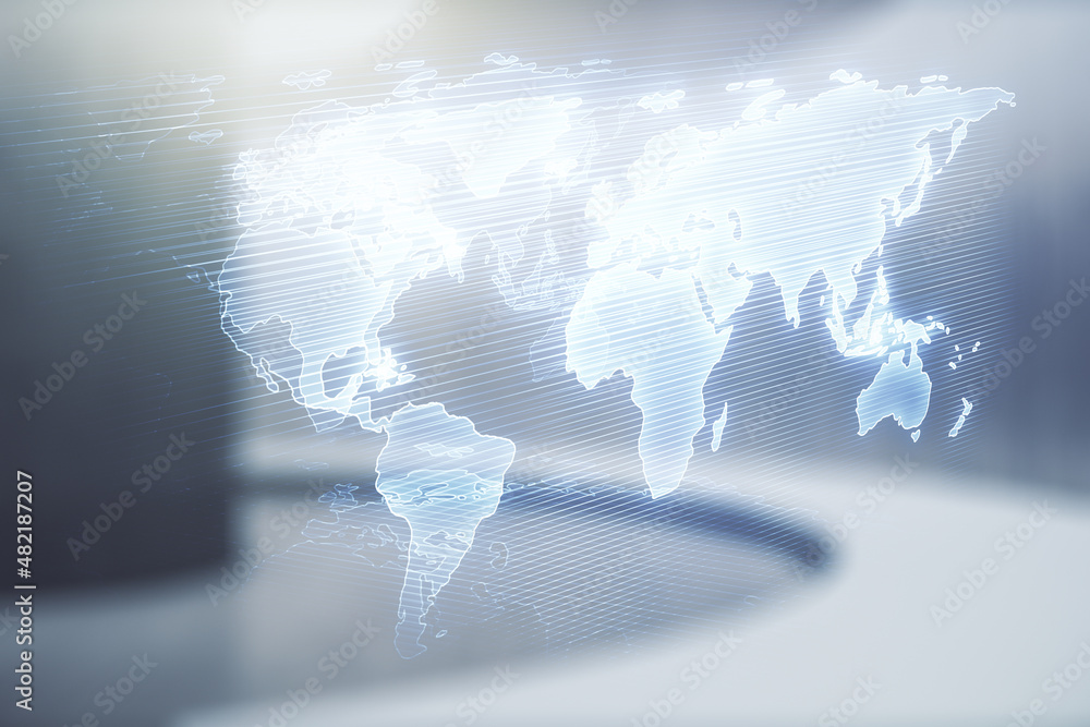 Poster Multi exposure of abstract graphic world map hologram on abstract empty interior background, connection and communication concept