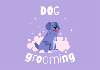 Dog grooming. Cartoon purple dog taking a bath with soap and bubbles. Happy tidy puppy for grooming salon