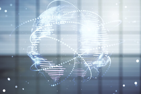 Abstract graphic digital world map hologram with connections on modern interior background, globalization concept. Multiexposure