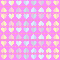 Abstract cute baby background in delicate tones in marshmallow color, halves of hearts in a row. Multicolored hearts in rows on a light lilac background, geometric seamless pattern.