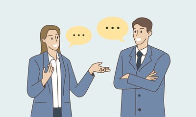 Business men and women talking and discussing business. Business concept. Hand draw style. Vector illustration.