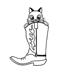 The cat peeks out of the boot. Vector stock illustration eps10. Isolate on white background, outline, hand drawing.