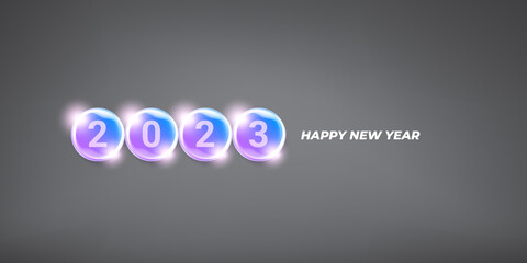 2023 Happy new year horizontal banner background and 2023 greeting card with text. vector 2023 new year sticker, label, icon, logo and badge isolated on stylish grey background