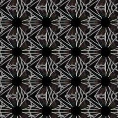 Seamless geometric pattern of mandalas, flowers. A white ornament on a black background, hand-drawn. Retro style. Design of the background, interior, wallpaper, textiles, fabric, packaging.