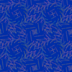 Abstract geometric multicolored pattern on a blue background. A hand-drawn ornament. Design of fabric, textiles, clothing, wallpaper, wrapping paper, background, cover.